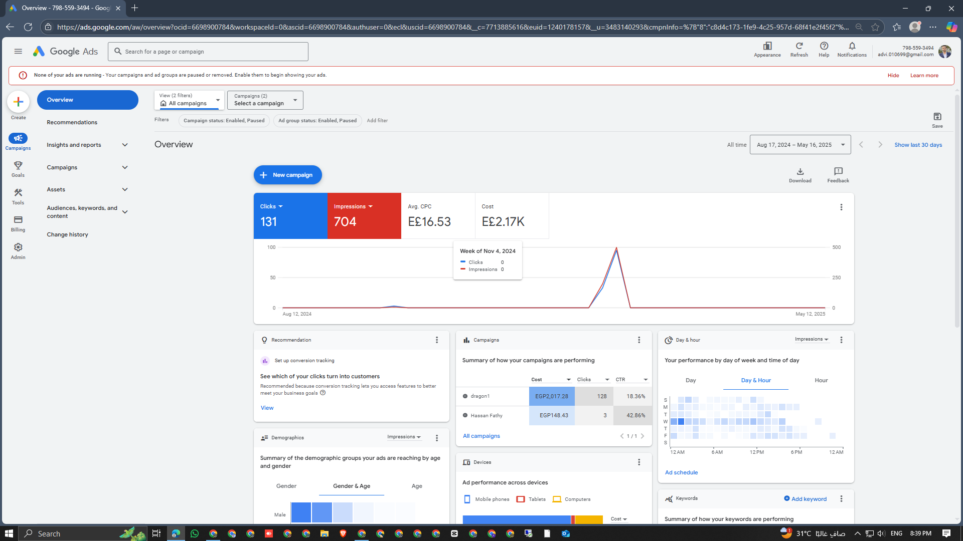 Google Ads Campaign Analytics showing impressions, clicks, and conversions